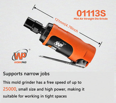 Kickass Mini Air Die Grinder With 10 Piece Ceramic Stone Set 25000 RPM Straight Pneumatic Grinding Tool shown in right-side view.