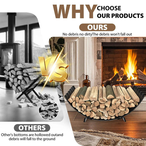Comparison of 40 Inch Diameter Sector Firewood Rack Storage Built From 0.8Mm Thick Galvanized Steel With Wave Pattern And Four Stable Feet Heavy Duty Black Coated For Indoor Outdoor Wood Storage On Patio Or Deck Built To Last, showing organized logs on right and messy logs on the left