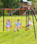Children playing on Backyard Swing Set For Kids Built Tough With 440 Lb Capacity Heavy Duty A Frame Metal Frame Two Seats And One Glider.