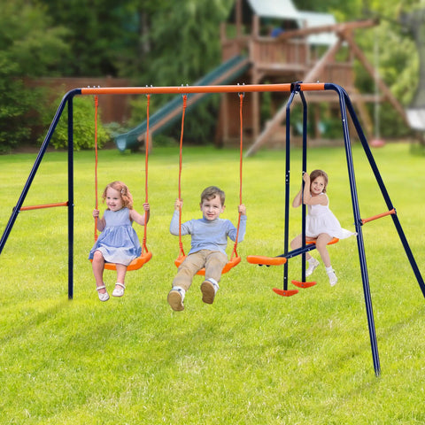 Children playing on Backyard Swing Set For Kids Built Tough With 440 Lb Capacity Heavy Duty A Frame Metal Frame Two Seats And One Glider.