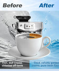 Before and after espresso cup comparison highlighting improved flavor using Six Pack Replacement Water Filters For Espresso Machines Compatible With Barista Touch And Barista Pro Models To Keep Your Machine Chugging With Butter Smooth Pulls And Catch Fresh Brew Vibes.