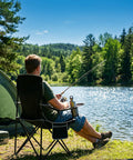 Person fishing by lake in Two Pack Lightweight Folding Camping Chairs For Adults With 4 Can Cooler Bag Cup Holder And Carry Bag
