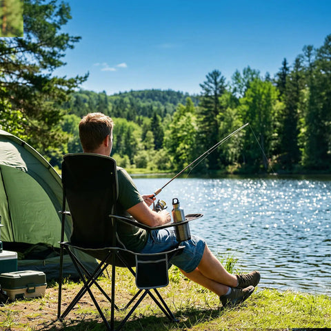 Person fishing by lake in Two Pack Lightweight Folding Camping Chairs For Adults With 4 Can Cooler Bag Cup Holder And Carry Bag