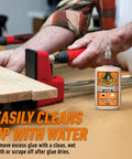 Using Natural Wood Color Wood Glue, 4 Ounce Bottle Pack of 2 for clamping wood pieces, highlighting water resistant bond.