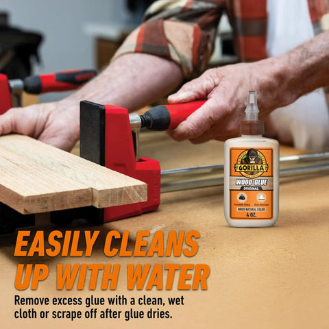 Using Natural Wood Color Wood Glue, 4 Ounce Bottle Pack of 2 for clamping wood pieces, highlighting water resistant bond.