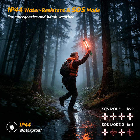 Person using Rechargeable Camping Lantern With Stand And Telescopic Pole 8000mAh Power Bank 8 Modes Waterproof in rainy forest