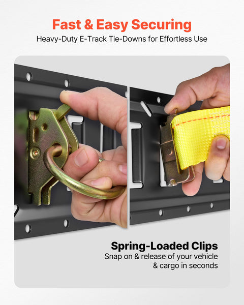 E Track Tie Down Rail Kit 36 Piece Set With Four Rails Sizes 1 2 4 5 Feet showing large clip and yellow strap