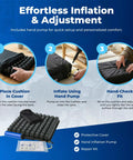 Roho Low Profile Air Cell Wheelchair Cushion Adjustable Inflatable Seat Pad 16-17 Inch setup instructions with hand pump and protective cover.