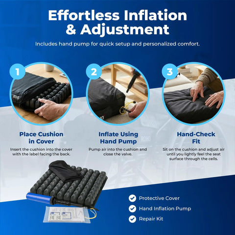 Roho Low Profile Air Cell Wheelchair Cushion Adjustable Inflatable Seat Pad 16-17 Inch setup instructions with hand pump and protective cover.