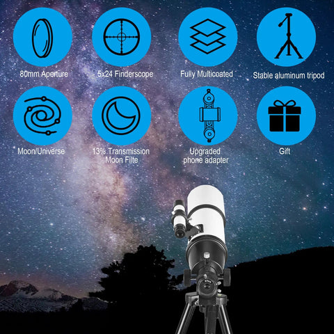 80mm Aperture 600mm Refractor Telescope With AZ Mount For Adults And Kids Beginners Portable Astronomy Kit against starry sky