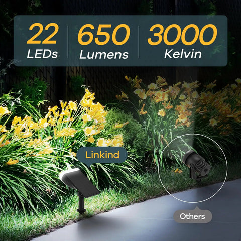 StarRay Dusk To Dawn Outdoor Solar Spot Lights illuminating garden flower bed with 22 LEDs, 650 lumens, 3000 Kelvin lighting.