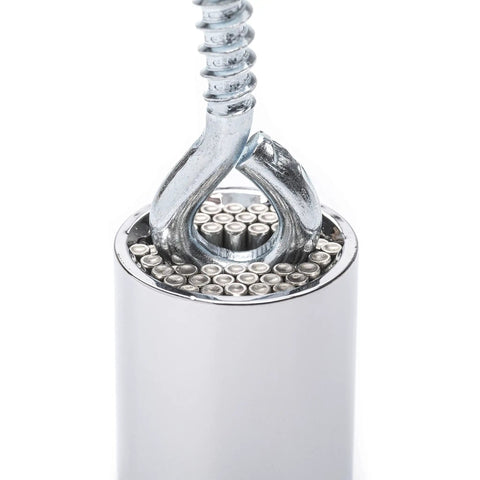 Close-up of Three Eighth Inch Drive Universal Socket With Adapter for Auto Adjusting from One Quarter to Three Quarters Inch, Chrome Finish.
