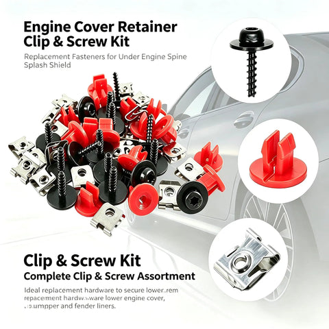 30 Piece Splash Shield Fastener Kit With T30 Torx Screws And Clips For Engine Underbody Panels Durable Nylon And Metal Construction With U Nut Clips To Prevent Loosening On Rough Roads, red and black clips, screws, and U-nut fasteners