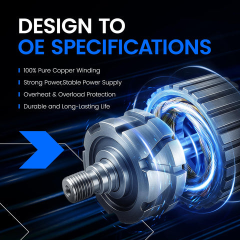 Close-up of alternator with text highlighting OE specifications and durability features.