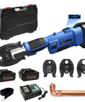No Fuss Heavy Duty 18V Cordless Hydraulic Copper Pipe Crimping Tool With Slick Brushless Motor For Quick Rock Solid Plumbing Connections, battery, case, and accessories.