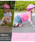Comparison of child without gear and child with Pink All-In-One Kid Protective Gear Set With Knee Pads Elbow Pads And Wrist Guards.