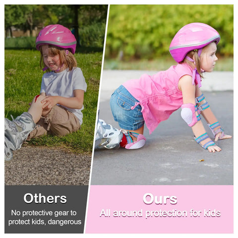 Comparison of child without gear and child with Pink All-In-One Kid Protective Gear Set With Knee Pads Elbow Pads And Wrist Guards.
