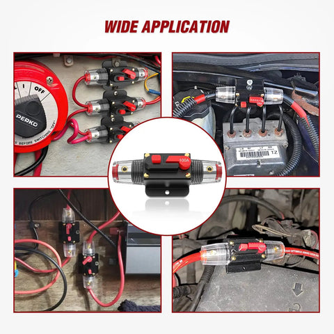 100A Inline Circuit Breaker With No Fuss Manual Reset For 12 To 24V DC Systems, Rugged Fuse Holder, Push Button Reset, Auto Protection For Cars Boats ATVs And Off Road Gear installed in vehicle wiring