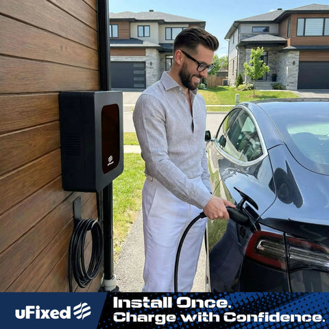 Man charging Tesla vehicle using Lockable Outdoor EV Charger Enclosure With Heavy Duty Metal Wall Case For Tesla Connector.