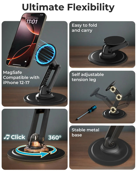 MagSafe Desk Stand For iPhone 17 Pro Max 16 15 14 13 12 With 360 Degree Rotating Head Height Adjustable Magnetic Phone Holder For Desk Metal Ring Included Black Securely Holds MagSafe Phones, features shown.