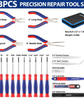 Solid 33 Piece Precision Repair Tool Kit With Screwdrivers Pliers Tweezers Utility Knife Blades for phones laptops consoles. Tools displayed in case.