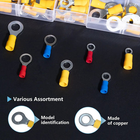 14 Size Insulated Ring Terminal Kit With Stud Sizes One Quarter And Five Sixteenths, Copper Tin Plated Eyelet Terminals