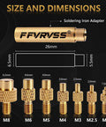 Image showing soldering iron adapter and brass thread inserts in sizes M2 to M8 for 3D printer use, part of Soldering Tips And Heat Set Insert Kit For Thread Inserts M2 M2.5 M3 M4 M5 M6 M8 Soldering Iron Adapters Compatible With 900M T18 FX-888D Budget Friendly 3D Printer Component Toolkit.