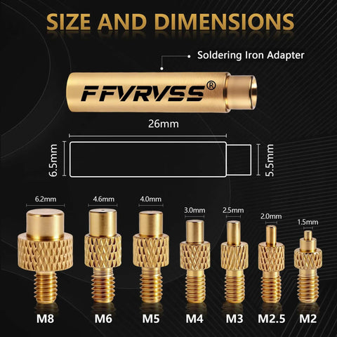 Image showing soldering iron adapter and brass thread inserts in sizes M2 to M8 for 3D printer use, part of Soldering Tips And Heat Set Insert Kit For Thread Inserts M2 M2.5 M3 M4 M5 M6 M8 Soldering Iron Adapters Compatible With 900M T18 FX-888D Budget Friendly 3D Printer Component Toolkit.