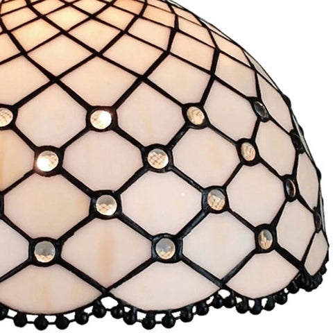Close-up of Tiffany Style Hanging Pendant Lamp 12 Inch Stained Glass With White Jeweled Inset Antique Vintage Decor