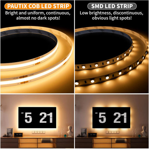 Comparison of PAUTIX COB LED Strip with uniform light and SMD LED Strip with light spots for home lighting.
