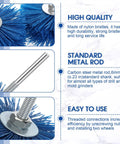 Illustration of 7 Piece Nylon Wheel Brush Set With One Quarter Inch Shank Multi Grits 80 120 180 240 320 400 600 with metal rod.