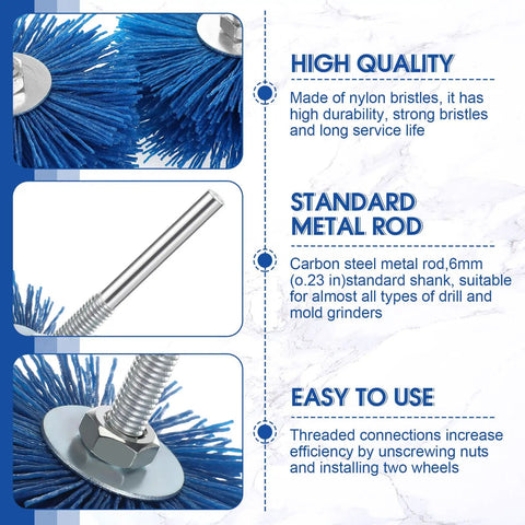 Illustration of 7 Piece Nylon Wheel Brush Set With One Quarter Inch Shank Multi Grits 80 120 180 240 320 400 600 with metal rod.