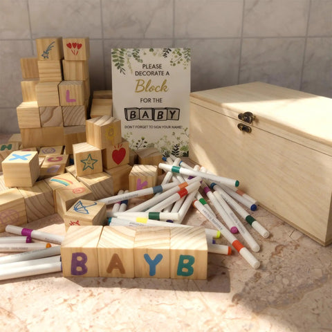 Baby Shower Games Sign Kit With 60 Wooden Blocks And 36 Colored Markers, Includes A Wooden Storage Box, Perfect For Decor, Guest Activities, And Fun Gift Ideas., wooden blocks and markers beside sign and box