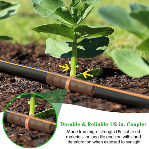 Drip Irrigation Barbed Coupling Set, 20 Pack, 1/2 Inch Tubing Fittings For 17mm 0.600 Inch ID Drip Lines, Connectors For Patio Lawn Garden, No Fuss Install, Durable, Leak Free in use in a garden showing a close-up view of the coupling.