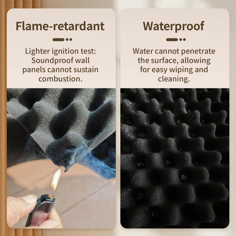 Flame-retardant soundproof foam panel undergoing lighter test, showcasing safety. Left side of Game Changer 4 Pack Sound Proof Foam Panels.