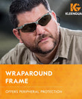 Nemesis V30 Safety Glasses With Smoke Anti Fog Lenses, Camo Frame worn by man, lightweight and protective eyewear, outdoor use