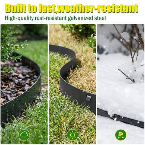Durable 33ft Galvanized Steel Landscape Edging Kit, 10 Pack, 5 Inch High Metal Border for Lawn, Garden Beds, Paths, black finish shown in rain, sun, snow conditions