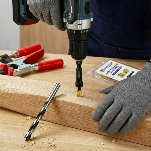 Person using power drill to install Wood Threaded Inserts Kit Brass M3-0.5 Knife Thread Inserts 10 Pack in wooden block.