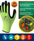 Non Slip Work Gloves For Men And Women With Water Based Latex Palm Coating Extra Duty 10 Pair Pack Durable Breathable Puncture Resistant Gloves For Indoor Outdoor Jobs Green Size Large Fits Most, shown with nylon knit shell, assorted colors, and seamless fit cuffs.