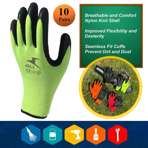 Non Slip Work Gloves For Men And Women With Water Based Latex Palm Coating Extra Duty 10 Pair Pack Durable Breathable Puncture Resistant Gloves For Indoor Outdoor Jobs Green Size Large Fits Most, shown with nylon knit shell, assorted colors, and seamless fit cuffs.
