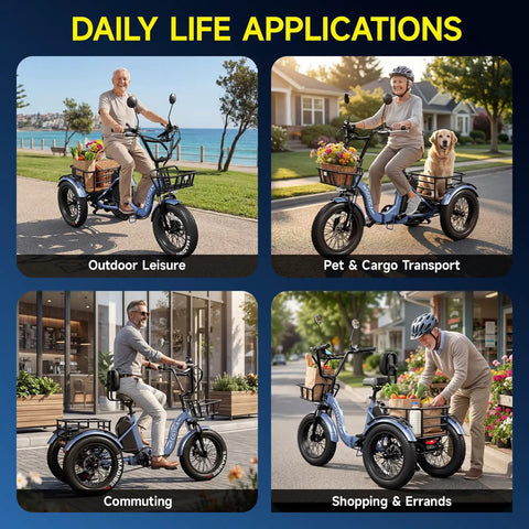Beast Fat Tire Electric Trike For Adults With 750W Motor Peak 1350W, 52V 25Ah Removable Battery, 50 Mile Range, 7 Speed, 4 Piston Hydraulic Brakes, Cargo Rack, Blue used for leisure, pets, commuting, and shopping