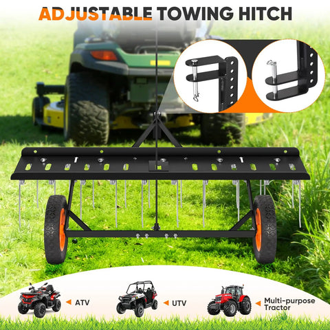 48 Inch Tow Behind Dethatcher With 20 Spring Steel Tines And Two Independent Rows Of Flexing Tines For Fast Yard Grooming, Lawn Sweeper And Garden Aerator Attachment For Riding Mowers, Adjustable Hitch