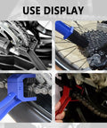 Two Pack Motorcycle Chain Brush Double Ended With Three Sided Bristles And Long Bristles Cleaning Kit in use on bike chains