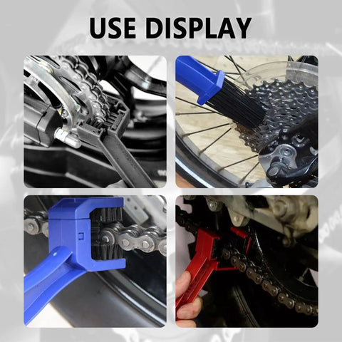 Two Pack Motorcycle Chain Brush Double Ended With Three Sided Bristles And Long Bristles Cleaning Kit in use on bike chains
