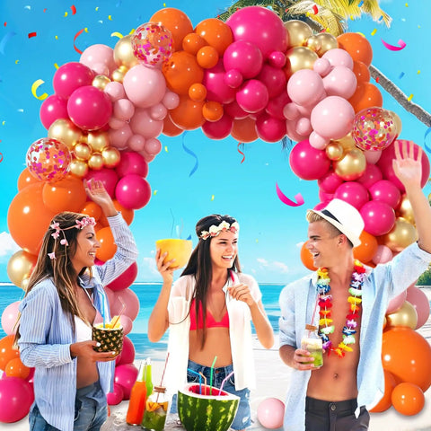 Hot Pink And Orange Balloon Arch Kit With Metallic Gold Confetti Balloons For Weddings Baby Showers And Birthday Parties at a beach event