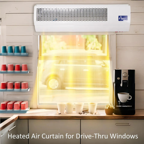 Kickin Heat Heavy Duty 24 Inch 240V Heated Air Curtain for Restaurant Drive Thru Windows with 160 CFM Warm Air Blower installed above a window.