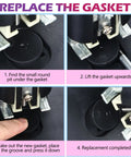 Replacement guide for the three hole paper punch's gasket, showing detailed steps for maintenance of the heavy duty metal construction.