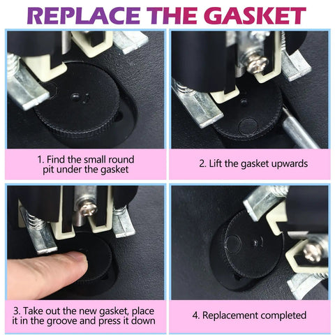 Replacement guide for the three hole paper punch's gasket, showing detailed steps for maintenance of the heavy duty metal construction.