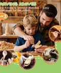 Child and adult using Wood Carving Kit With 29 Piece Tools Whittling Set for Beginners DIY Hobbyists, crafting wooden bird.