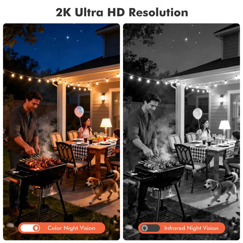 Outdoor Wireless Security Camera System With Spotlight And Siren showcasing color and infrared night vision at a backyard party.